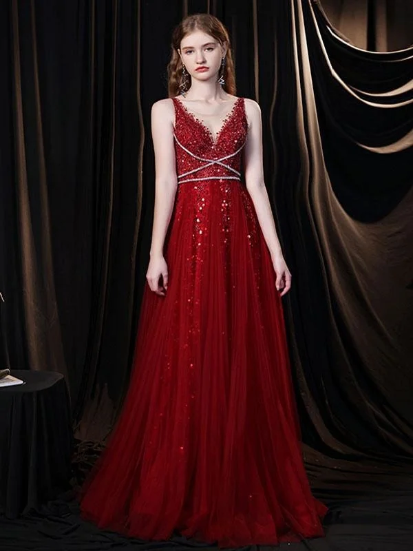 stylish evening dress-Evening Dress Burgundy A-Line V-Neck Tulle Social Gowns Long Pageant Dresses