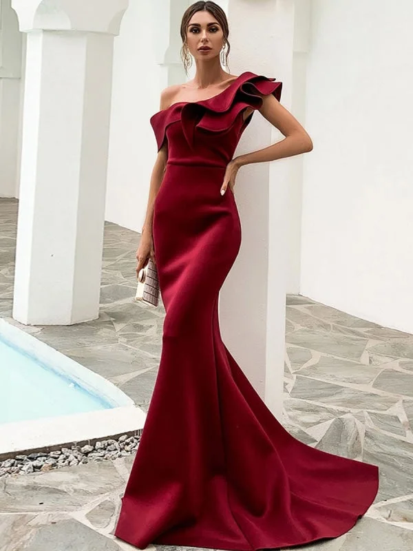 evening gown for women-Evening Dress Burgundy Mermaid One-Shoulder With Train Sleeveless Backless Satin Fabric Social Party Dresses