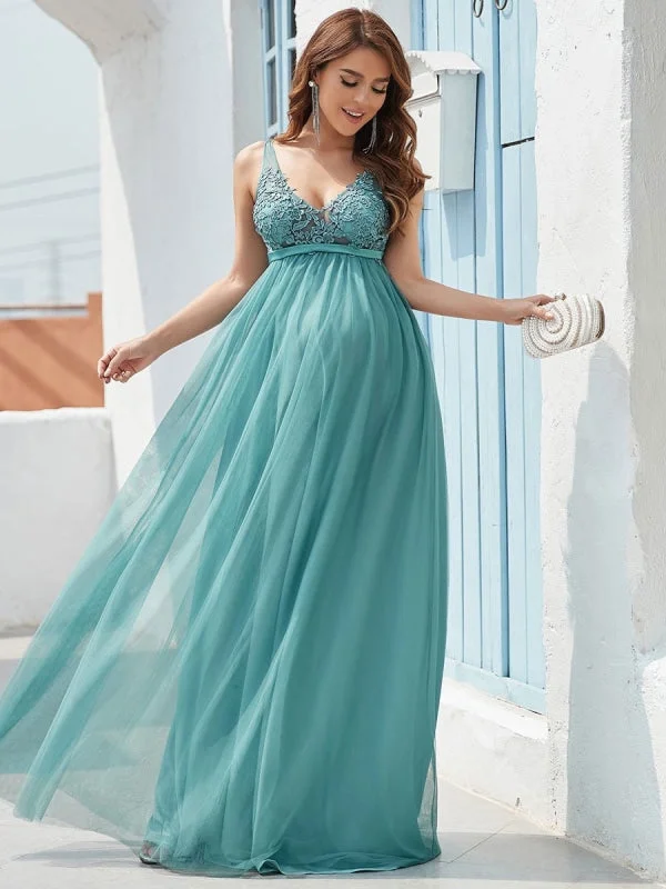 evening dress with floral print-Evening Dress Cyan Blue A-Line V-Neck Sleeveless Tulle Floor-Length Lace Formal Party Dresses