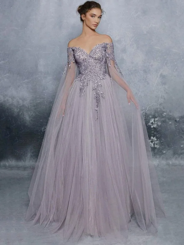 elegant long evening dress-Evening Dress Lavender A-Line Bateau Neck Long Sleeves Tulle Floor-Length Formal Dinner Dresses