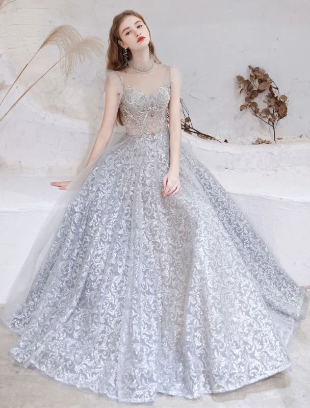 long evening dress-Evening Dress Light Grey A Line Jewel Neck Floor Length Formal Party Dresses Pageant Dress