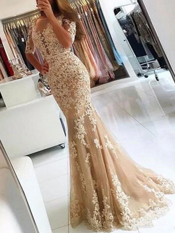 evening dress with lace overlay-Evening Dress Mermaid Illusion Neckline Lace Applique Formal Party Dresses With Train