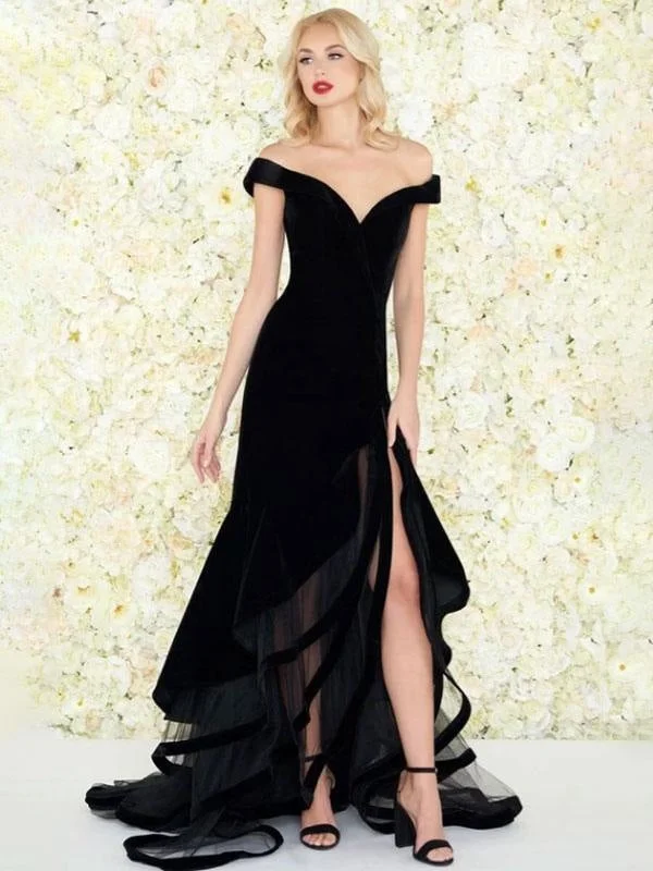 evening dress with bow-Evening Dress Mermaid Off-The-Shoulder Velour Ruffles Formal Split Party Dresses Gossip Gowns