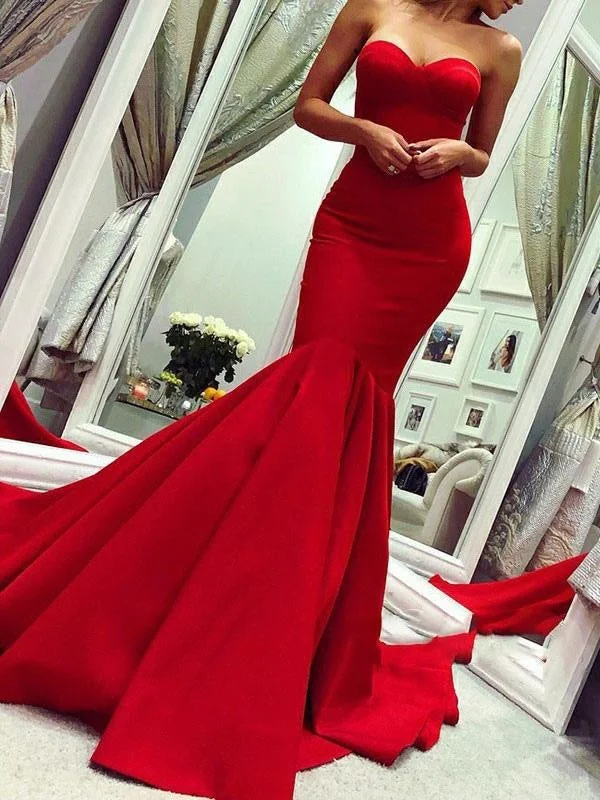 evening dress with high slit-Evening Dress Mermaid Sweetheart Neck Sleeveless Zipper Satin Fabric Formal Dinner Dresses With Train