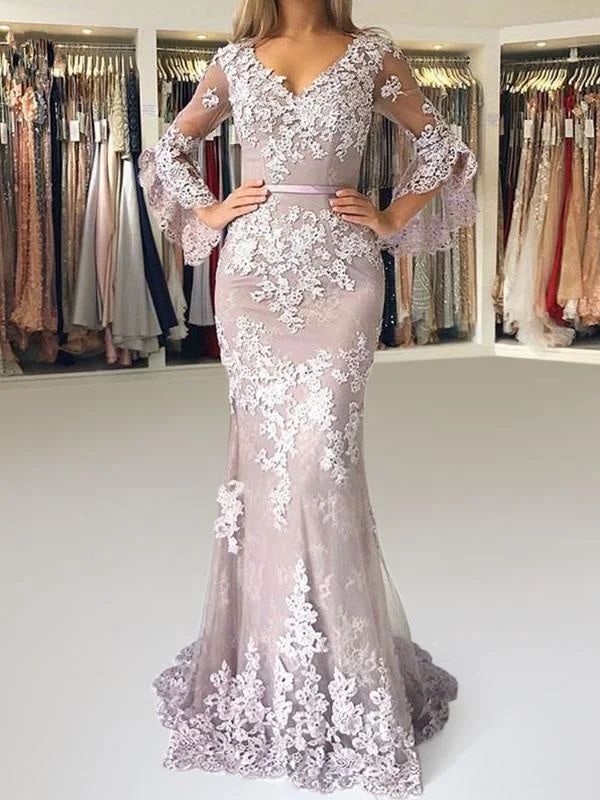 plus size evening gown-Evening Dress Mermaid V Neck Long Sleeves Zipper Lace Satin Fabric Formal Party Dresses With Train