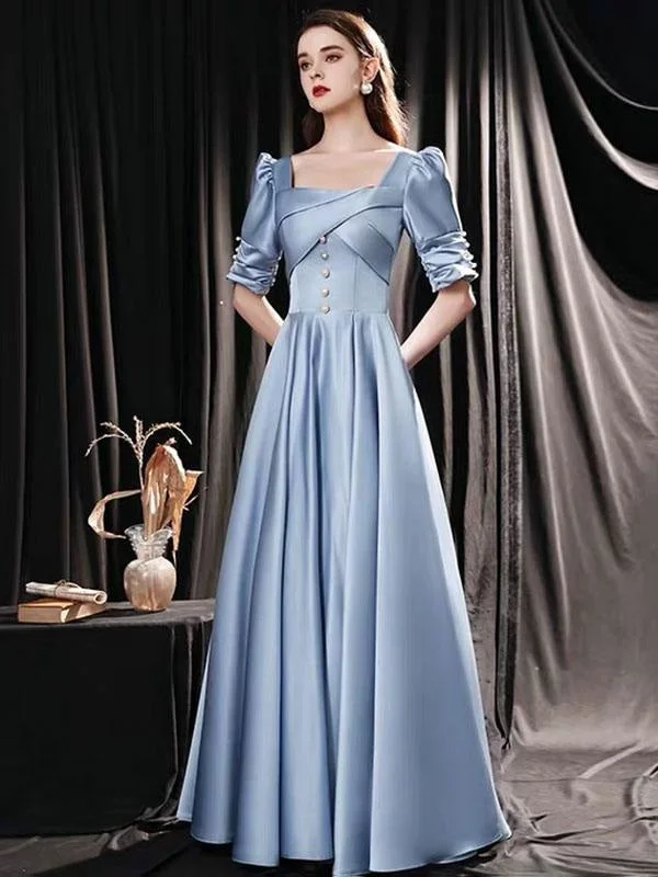 evening dress with lace overlay-Evening Dress Mint Blue A-Line Square Neck Floor-Length Half Sleeves Lace-Up Pageant Dress