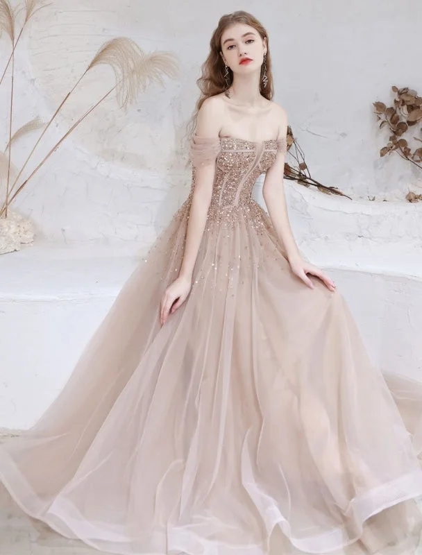 tulle evening dress-Evening Dress Nude Color A Line Bateau Neck Floor Length Short Sleeves Lace Up Sequins Formal Dinner Dresses Pageant Dress