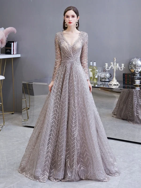 cocktail length evening dress-Evening Dress Princess Silhouette V Neck Long Sleeve Lace Sequins Floor Length Social Party Dresses