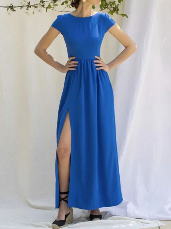 modest evening dress-Evening Dress Royal Blue A-Line Jewel Neck Ankle-Length Short Sleeves Backless Split Front Stretch Crepe Social Party Dresses