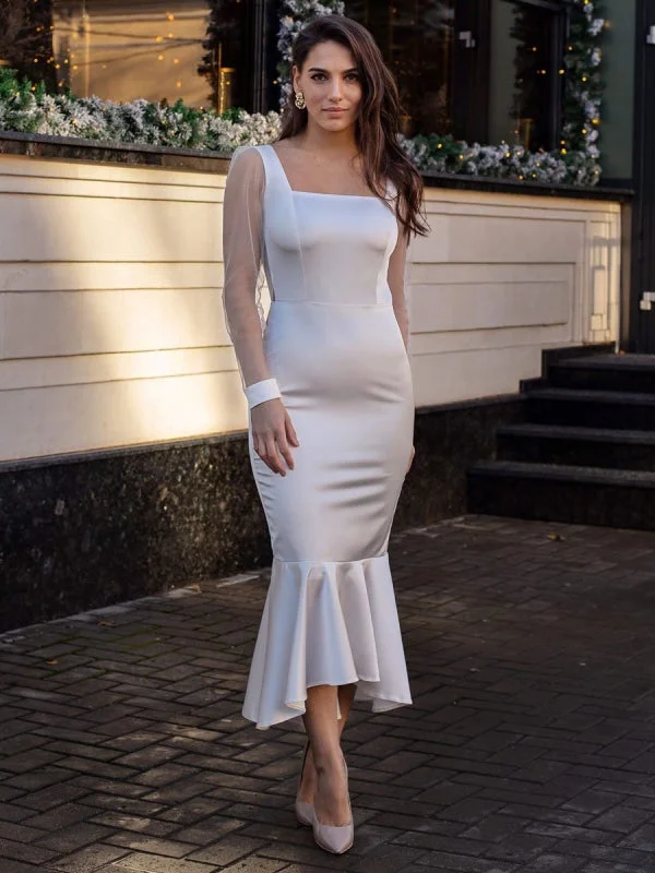 evening dress with side slit-Evening Dress Sheath Square Neck Tea-Length Long Sleeves Zipper Ruffles Polyester White Formal Party Dresses