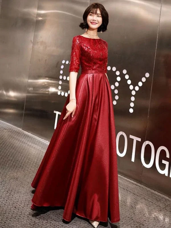 ruched evening dress-Evening Dresses Burgundy Half Sleeve Sequin Satin Floor Length Long Prom Gown