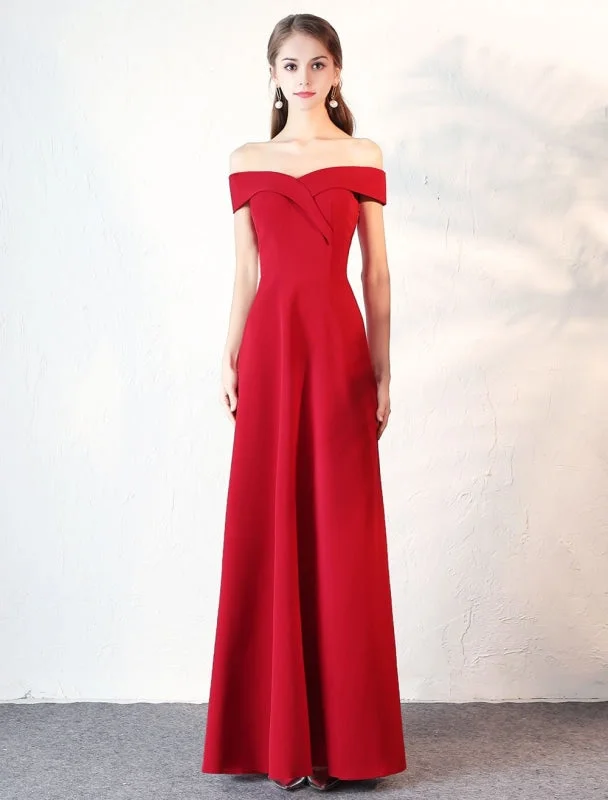 backless evening dress-Evening Dresses Burgundy Off The Shoulder Prom Dress Satin Floor Length Formal Party Dress Wedding Guest Dress