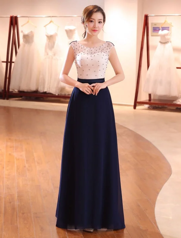 evening dress with cape-Evening Dresses Dark Navy Lace Formal Dress Illusion Beaded Contrast Color Floor Length Wedding Guest Dress