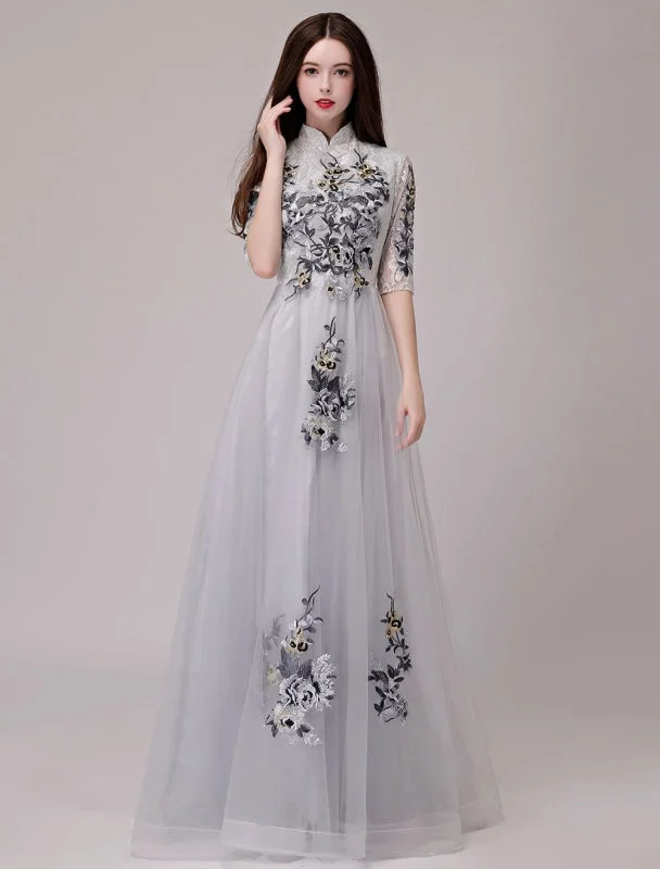 spaghetti strap evening dress-Evening Dresses Lace Applique Half Sleeve Stand Collar Formal Gowns