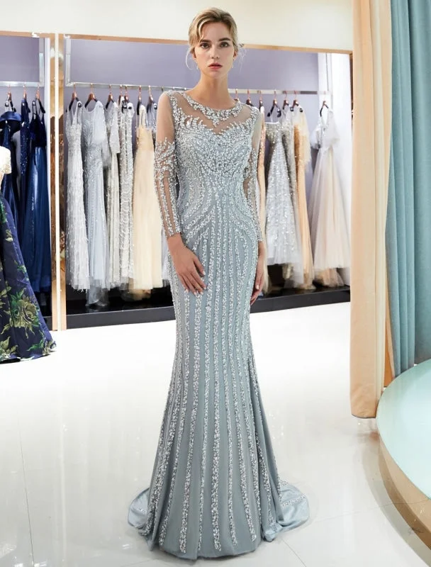 flared evening dress-Evening Dresses Long Sleeve Light Grey Mermaid Beading Illusion Luxury Formal Gowns