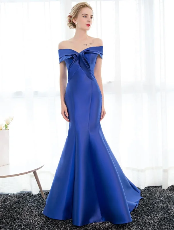 elegant evening wear-Evening Dresses Satin Royal Blue Evening Gown Off The Shoulder Mermaid Formal Dress With Train