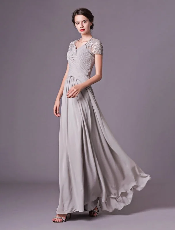 evening dress with fringe-Evening Dresses Silver Lace Short Sleeve Formal Gowns Chiffon Pleated Floor Length Mother Of Bride Dress