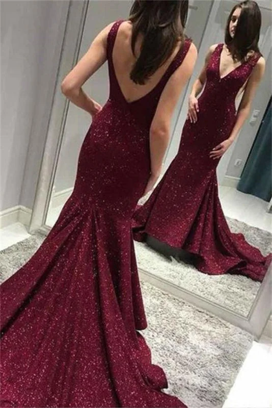 sparkling evening dress-Excellent Attractive Beautiful Shiny Deep V Neck Mermaid Evening Dress Sequins Backless Sweep Train Prom Dresses