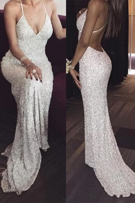 tulle evening dress-Excellent Chic Precious White Deep V neck Spaghetti Straps Sequin Mermaid Long Prom Dresses Sexy Evening Dress