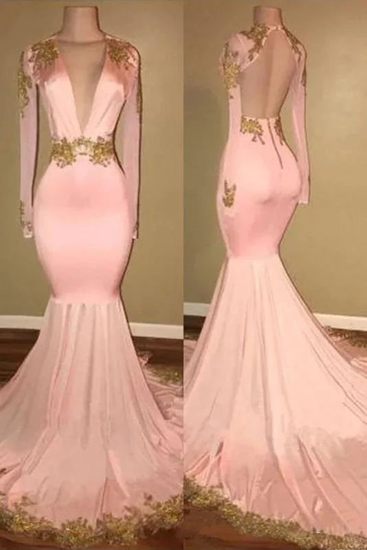 beaded evening dress-Excellent Fabulous Elegant Mermaid V-neck Brush Train Long Sleeves Applique Prom Dresses Backless Senior Dress