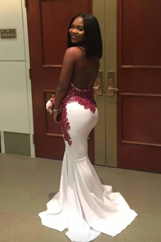 cocktail evening dress-Excellent Halter Sleeveless Open Back Mermaid Prom Dresses with Red Lace Appliques