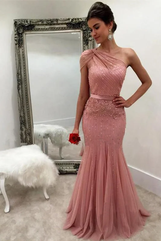 elegant long evening dress-Exquisite Attractive Latest Unique Mermaid One Shoulder Tulle With Beads and Sash Prom Dresses Evening Dress