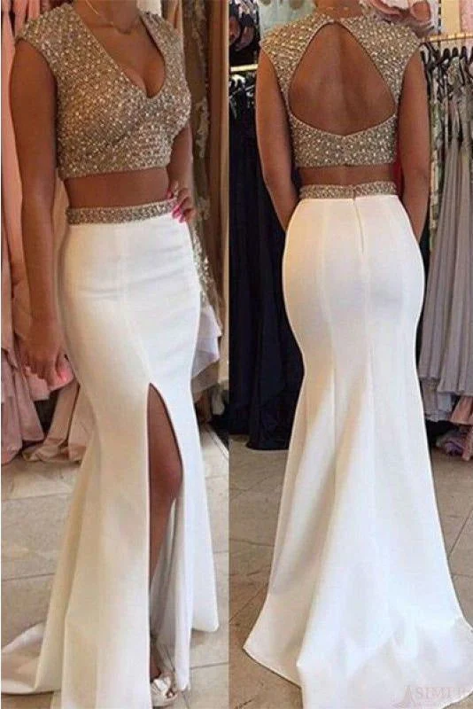 empire waist evening dress-Exquisite Excellent Amazing White Two Piece V Neck Mermaid Split Beading Prom Open Back Formal Dresses