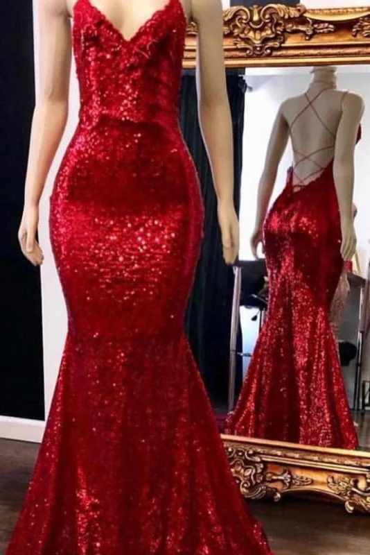 evening dress for bridesmaids-Exquisite Fabulous Fascinating Sparkly Sequins Prom Dress Mermaid with Spaghetti Straps Long Party Dresses