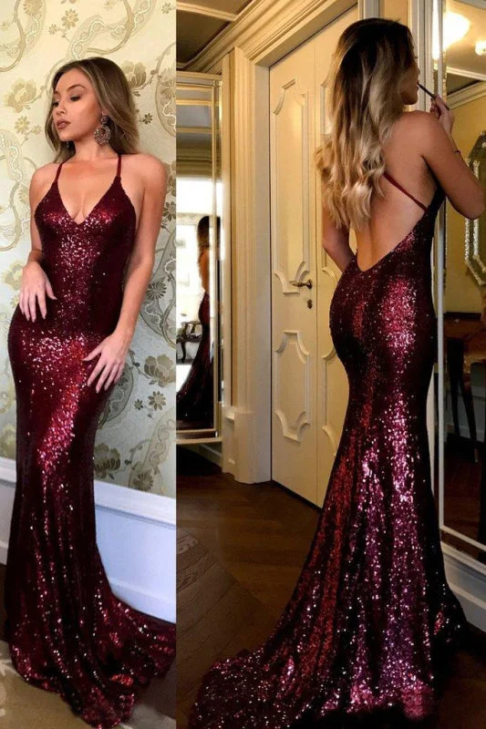 evening dress for weddings-Exquisite Fascinating Attractive Sparkling Burgundy Sequins Mermaid V-neck Sweep Train Party Dress Prom Gown