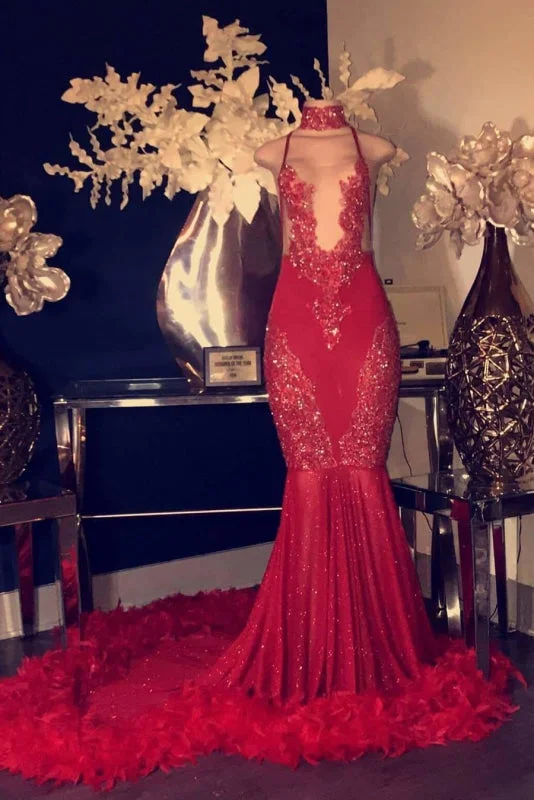 evening dress with back detail-Exquisite Red Halter Sleeveless Sequins Mermaid Prom Dresses with Train