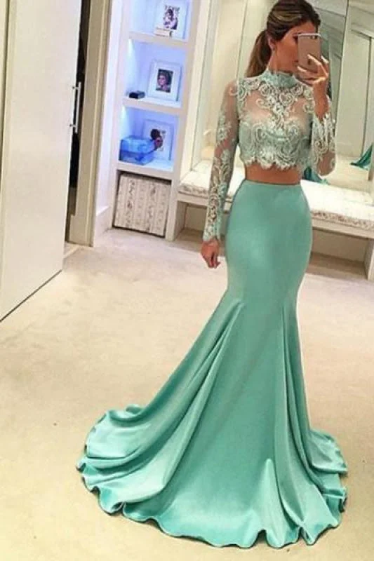 evening dress with embroidery-Eye-catching Precious Fascinating Two Pieces High Neck Long Sleeve Lace Prom Dresses Sexy Mermaid Evening Dress