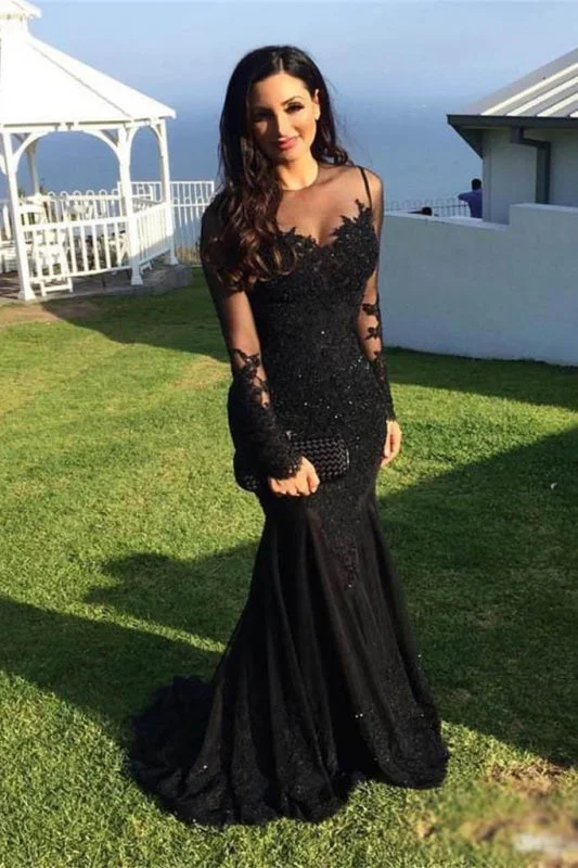 evening dress with high slit-Eye-catching Wonderful Excellent Black Mermaid Dresses Long Sleeves Lace Appliques Sheer Jewel Neck Prom Dress