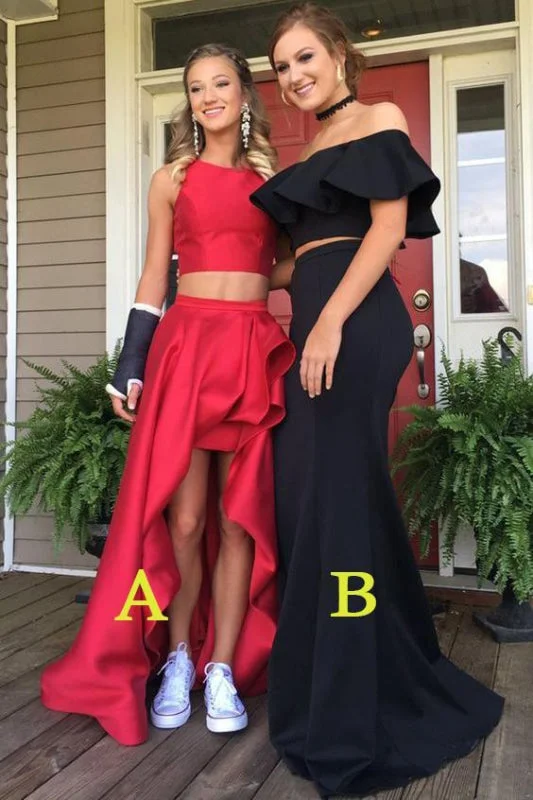 evening dress with illusion neckline-Fabulous Attractive Beautiful Two Piece Red Jewel Long Prom Dress Black Mermaid Off the Shoulder Evening Gown