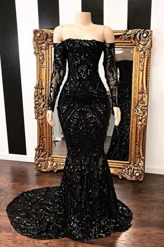 evening dress with mesh-Fabulous Long Sleeve Sequins Mermaid Prom Dresses