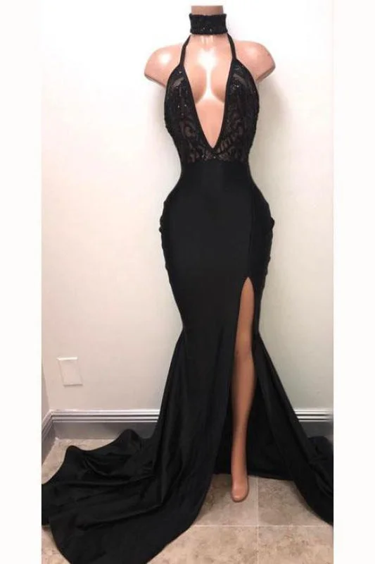 evening dress with slit-Fascinating Chic Awesome Sexy Black Straps Deep V-neck Mermaid Split Sleeveless Evening Dress with Lace