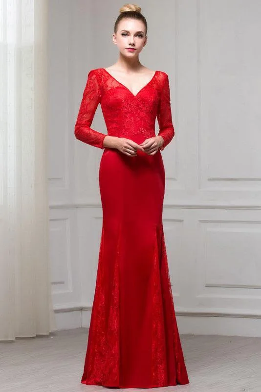 formal red evening dress-Fascinating Excellent Red Long Sleeves V Neck Mermaid Floor Length Evening Dress with Lace