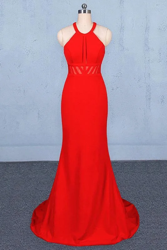 glamorous evening dress-Fascinating Excellent Stylish Halter Prom Dress Red Mermaid Open Back Long Evening Dresses