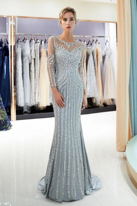 modest evening dress-Fascinating Gray Beaded Evening Dresses Luxury Mermaid Crystal Sweep Train Long Sleeves Prom Dress