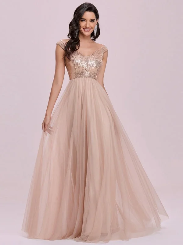 draped evening dress-Flesh Color Homecoming Dress A-Line V-Neck Sleeveless Backless Sequined Tulle Floor-Length Evening Dress