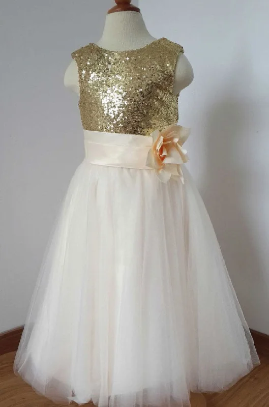 plus size evening dress-Floor Length Flower Girl Dresses Birthday Gown with Handmade Flower