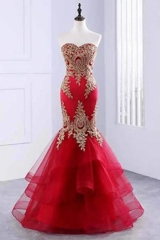 vintage evening dress-Floor Length Sweetheart Mermaid Red Prom Gold Appliqued Long Evening Dress