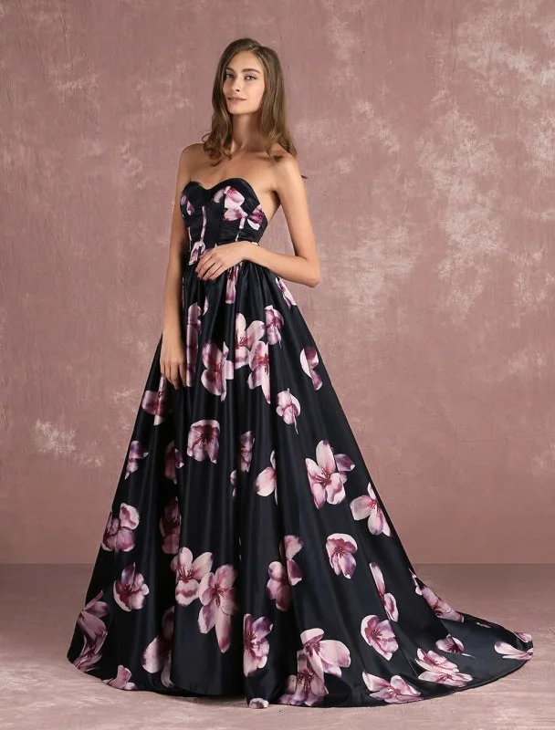 peplum evening dress-Floral Pageant Dress Black Sweatheart Strapless Long Prom Dress Boned Printed Chapel Train Occasion Dress