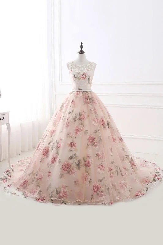 evening dress with illusion back-Illusion Floral Print Lace-up Ball Gown Prom Dress