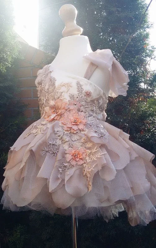 evening dress with sheer sleeves-Flower Girl Dresses with Appliques Flowers Birthday Gown