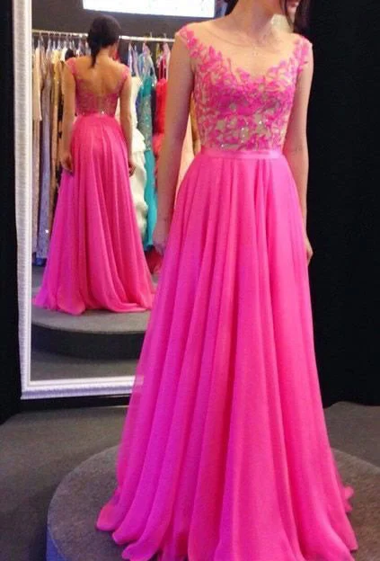 evening dress with keyhole back-Fuchsia Long Prom Dresses with Appliques