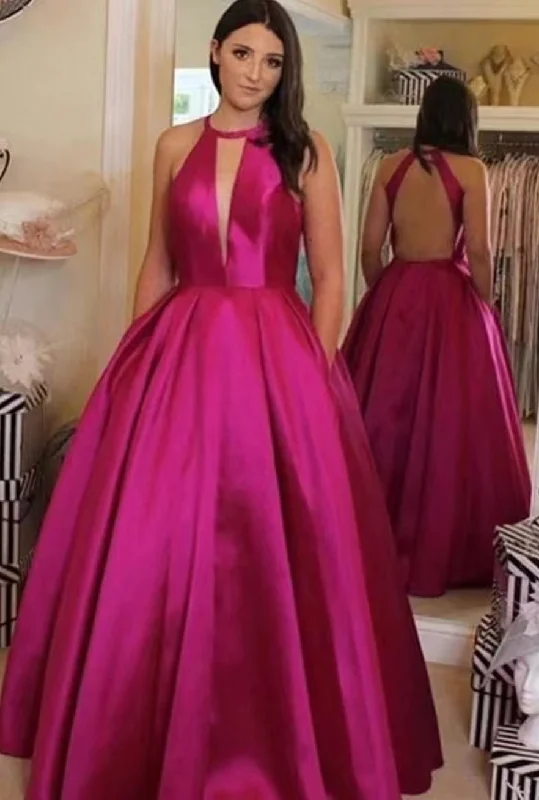 cocktail length evening dress-Fuchsia Prom Dresses Backless with Pockets