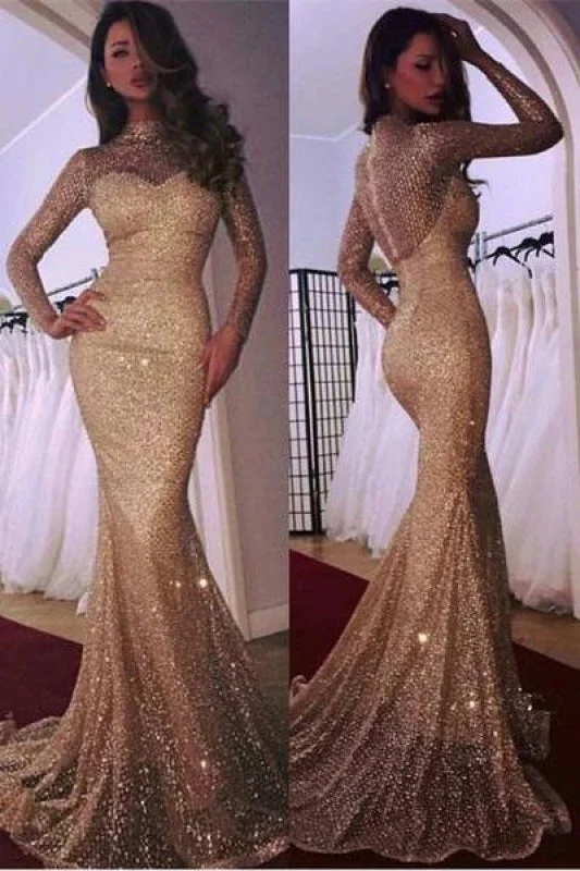 cocktail length evening dress-Glamorous Long Sleeve Evening Dress | 2020 Mermaid Prom With Sequins