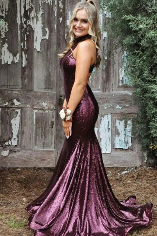 evening dress for parties-Glitter Sequin High Neck Mermaid Prom Dresses Purple Evening Dress with Train