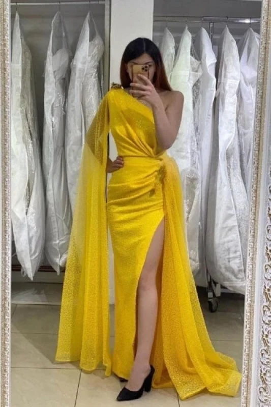 evening dress with side slit-Glitter Yellow Evening Dresses Long Prom dresses