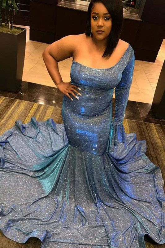 evening dress with appliques-Glittery One Shoulder Long Sleeve Mermaid Prom Dresses